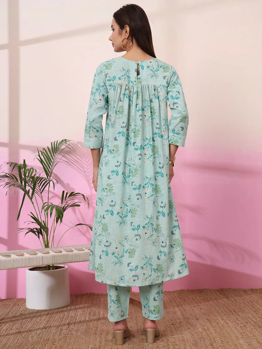 Sea Green Linen A Line Pintucks Kurta Pant