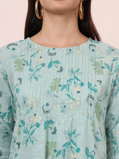 Sea Green Linen A Line Pintucks Kurta Pant