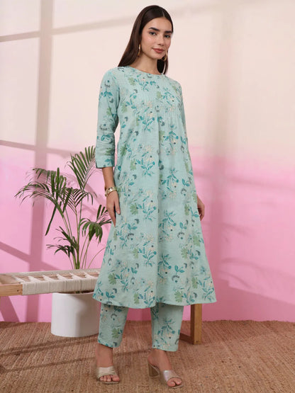 Sea Green Linen A Line Pintucks Kurta Pant