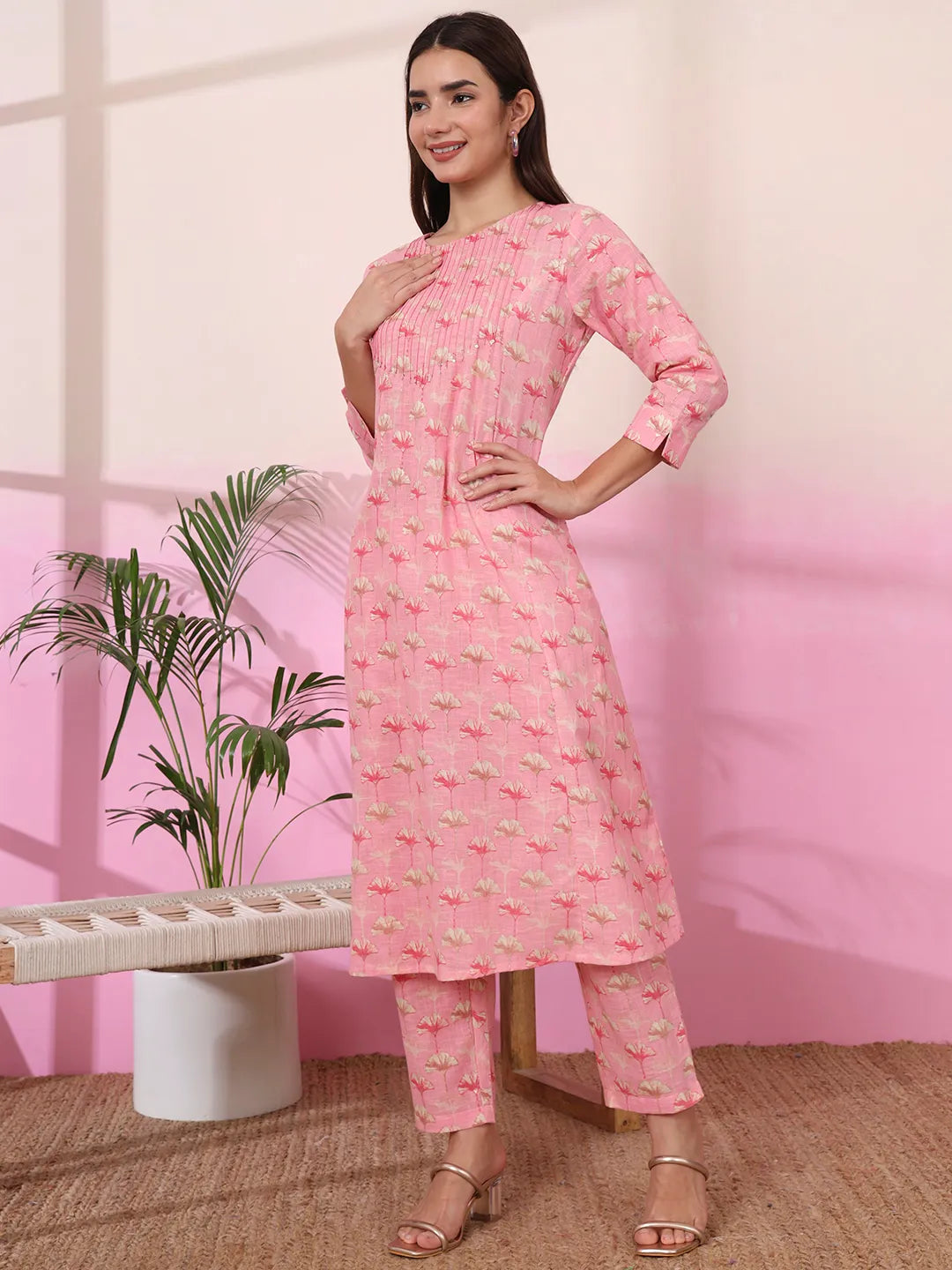 Pink Linen A Line Pintucks Kurta Pant