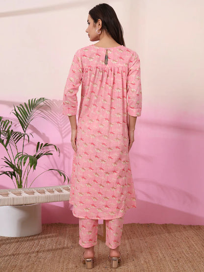 Pink Linen A Line Pintucks Kurta Pant