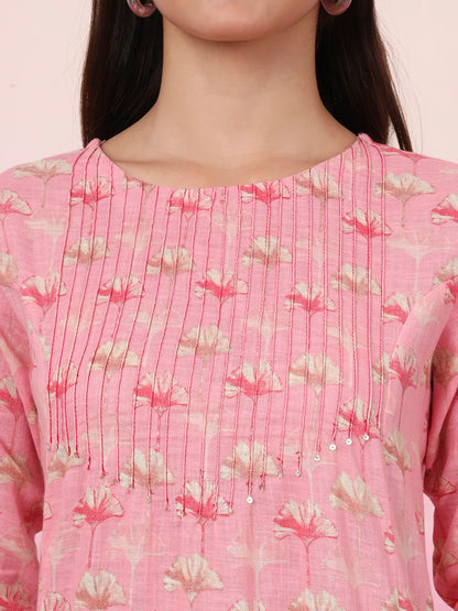 Pink Linen A Line Pintucks Kurta Pant
