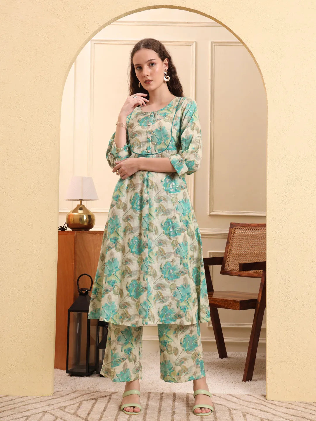 Green And Beige Floral Print A-Line Kurta Trouser Set