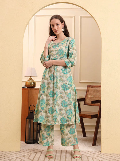 Green And Beige Floral Print A-Line Kurta Trouser Set
