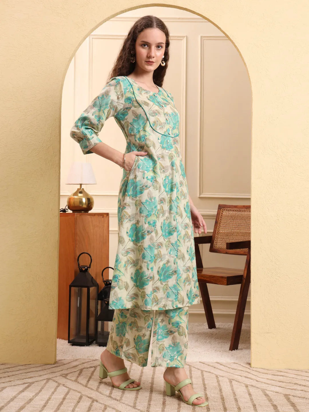 Green And Beige Floral Print A-Line Kurta Trouser Set