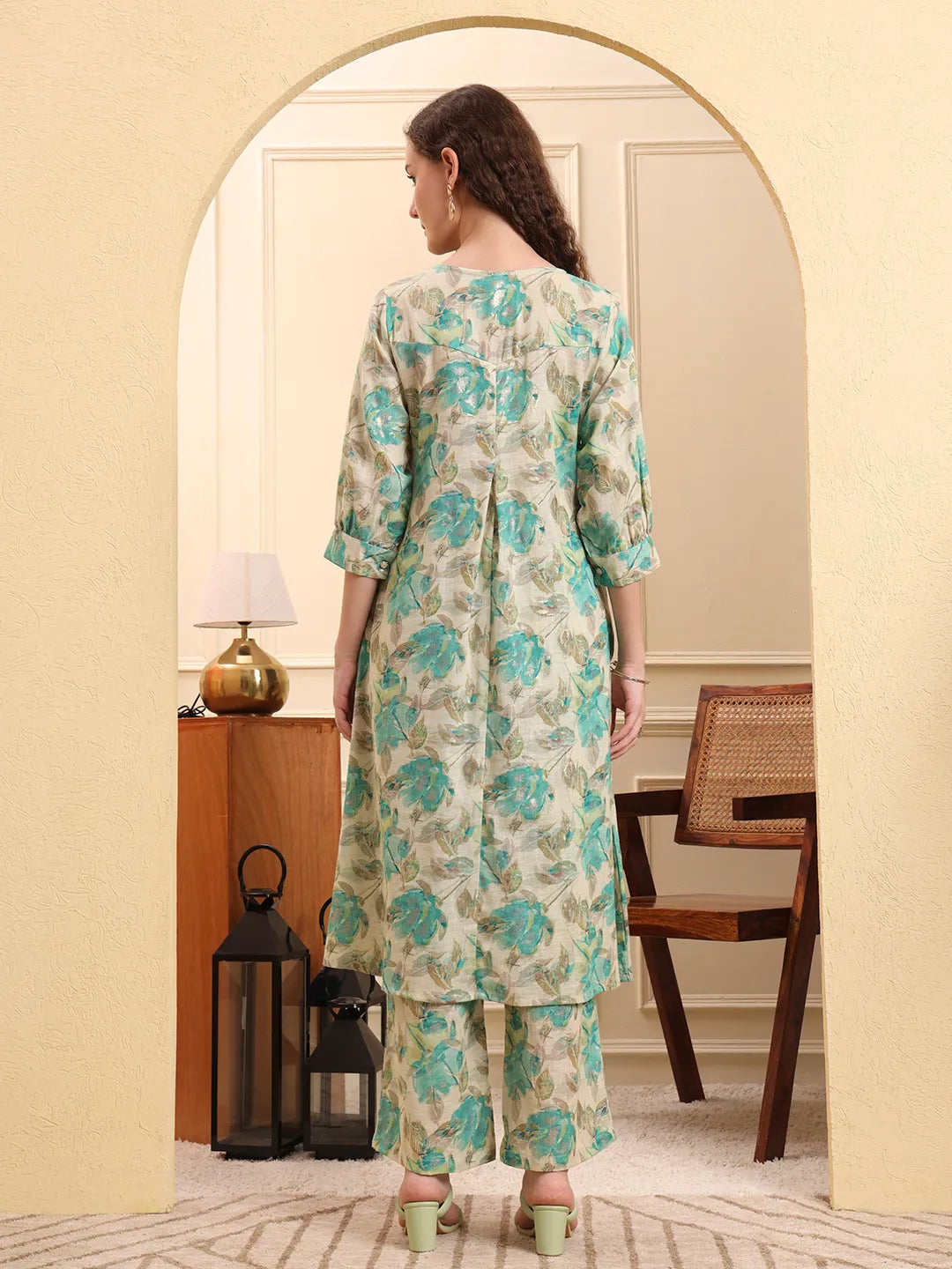 Green And Beige Floral Print A-Line Kurta Trouser Set