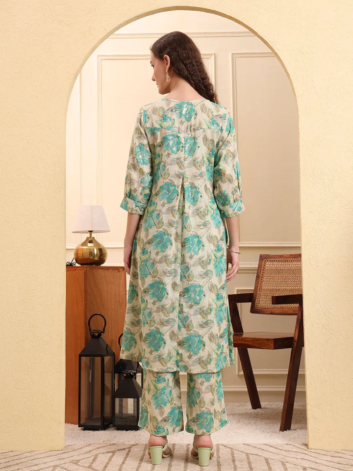 Green And Beige Floral Print A-Line Kurta Trouser Set