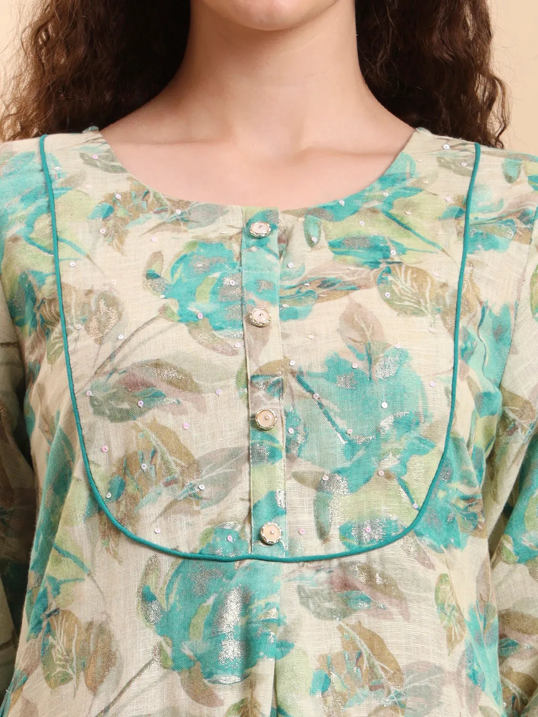 Green And Beige Floral Print A-Line Kurta Trouser Set