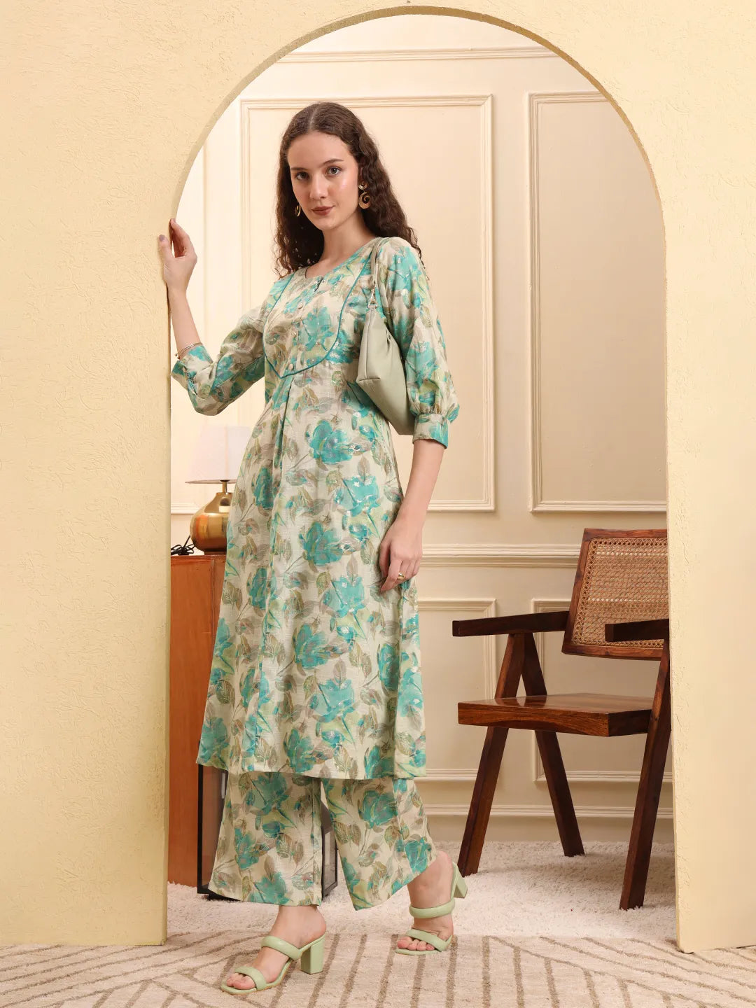 Green And Beige Floral Print A-Line Kurta Trouser Set