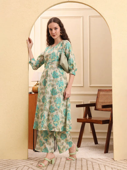 Green And Beige Floral Print A-Line Kurta Trouser Set