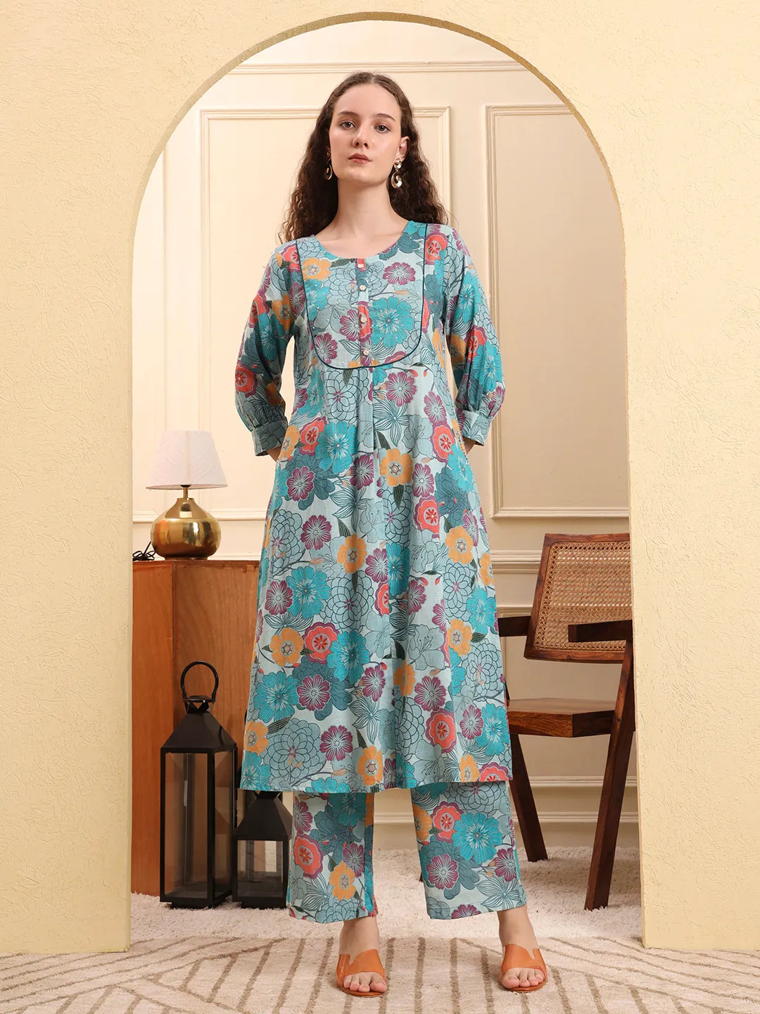 Sea Green Floral Print A-Line Kurta Trouser Set