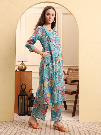 Sea Green Floral Print A-Line Kurta Trouser Set