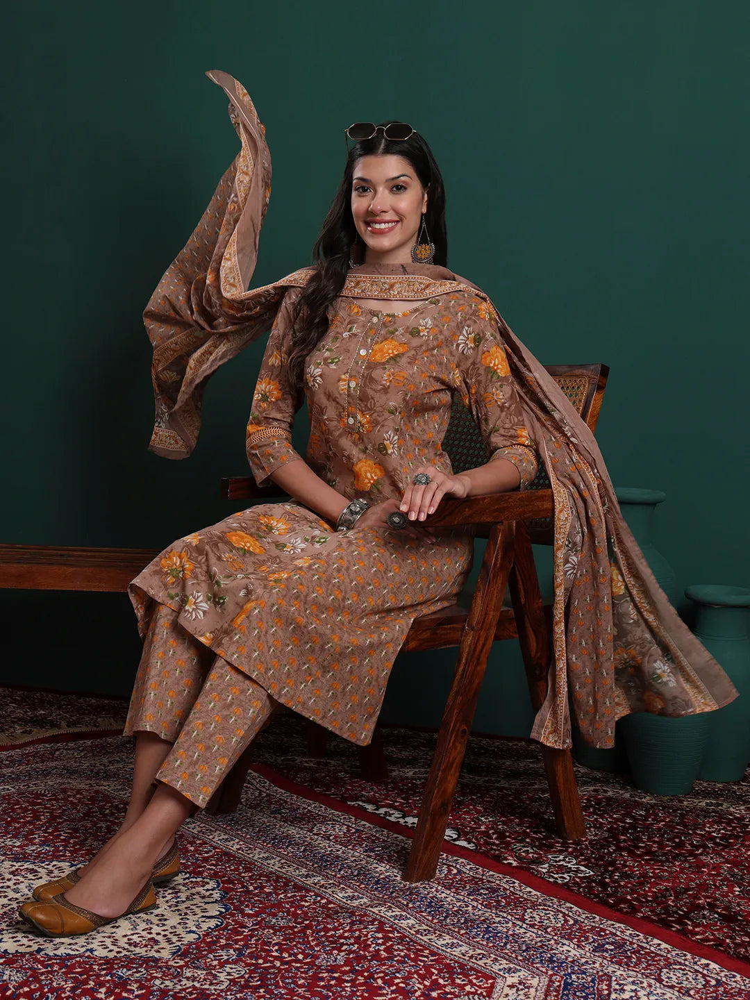 Brown Cotton Floral Print Kantha Work A-Line Kurta Pants Dupatta Set