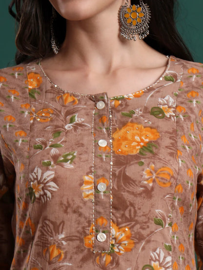 Brown Cotton Floral Print Kantha Work A-Line Kurta Pants Dupatta Set