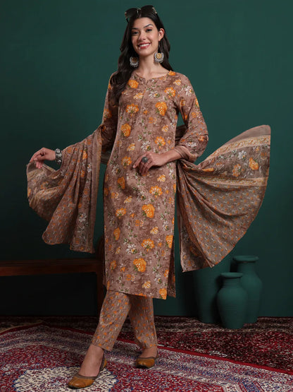 Brown Cotton Floral Print Piping Kurta Pants Dupatta Set