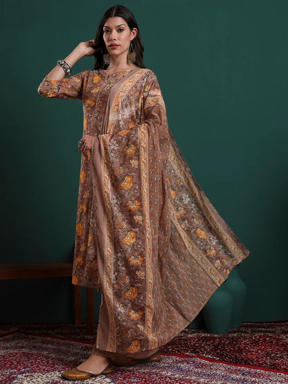 Brown Cotton Floral Print Piping Kurta Pants Dupatta Set