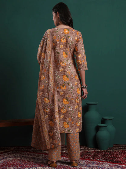 Brown Cotton Floral Print Piping Kurta Pants Dupatta Set