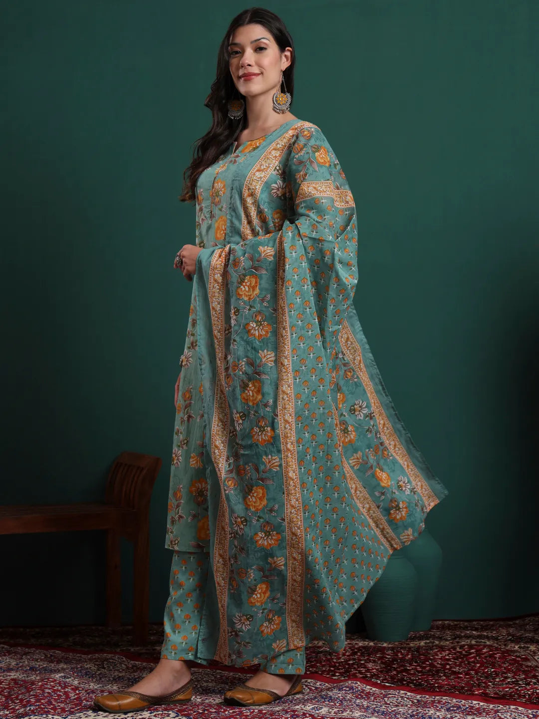 Green Cotton Floral Print Piping Kurta Pants Dupatta Set