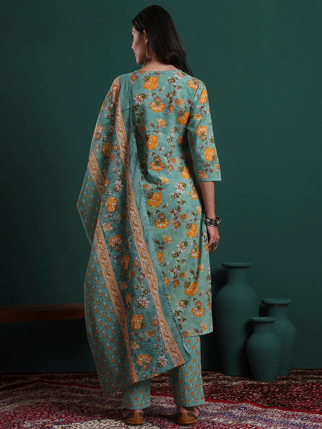 Green Cotton Floral Print Piping Kurta Pants Dupatta Set