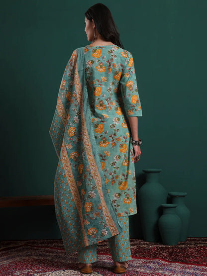 Green Cotton Floral Print Piping Kurta Pants Dupatta Set