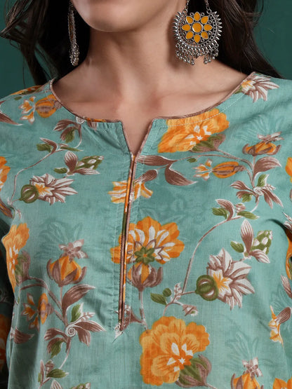 Green Cotton Floral Print Piping Kurta Pants Dupatta Set