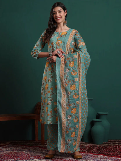 Green Cotton Floral Print Piping Kurta Pants Dupatta Set