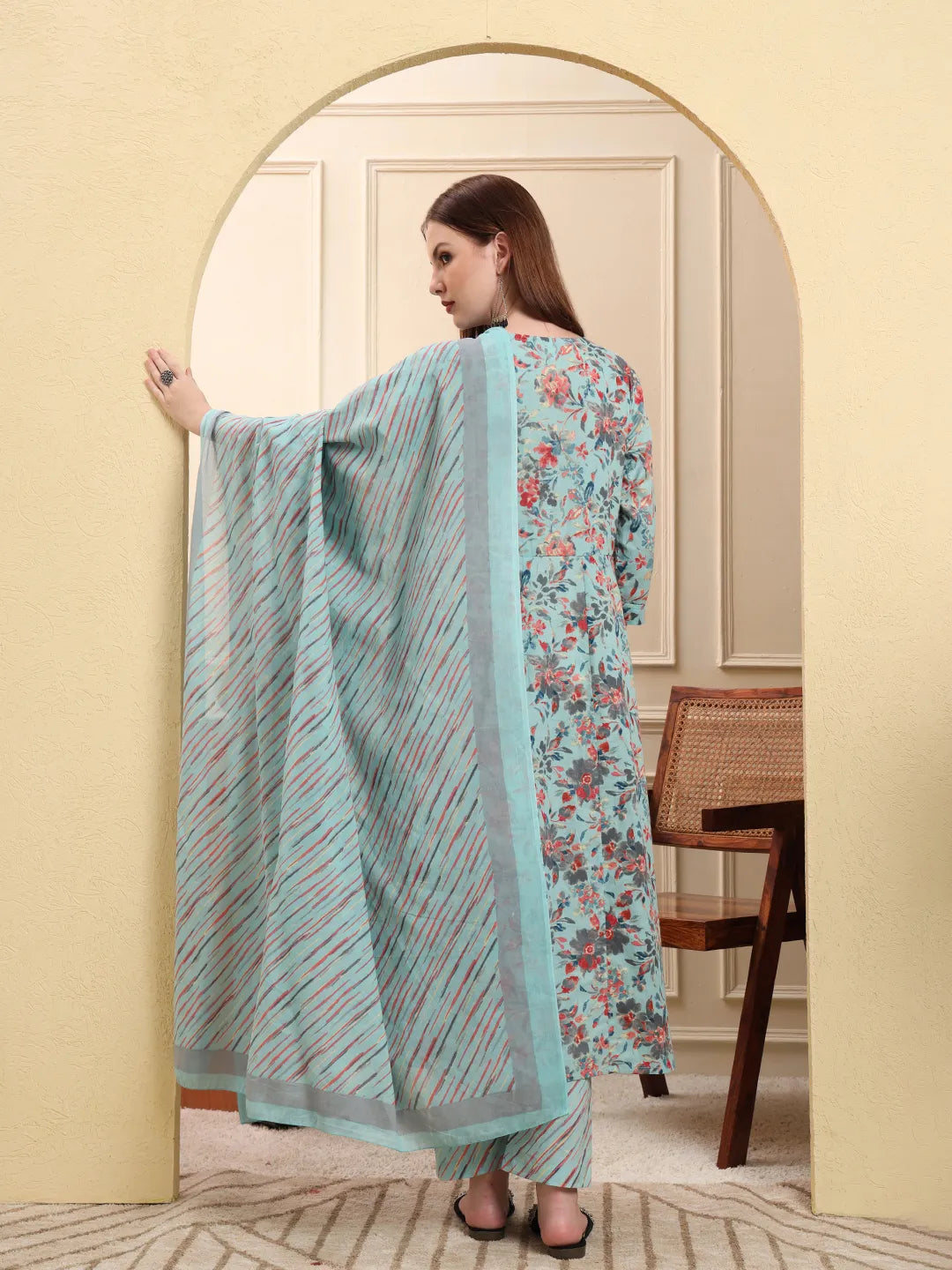 Sky Blue Pure Cotton Thread Work Anarkali Kurta Trouser Dupatta Set