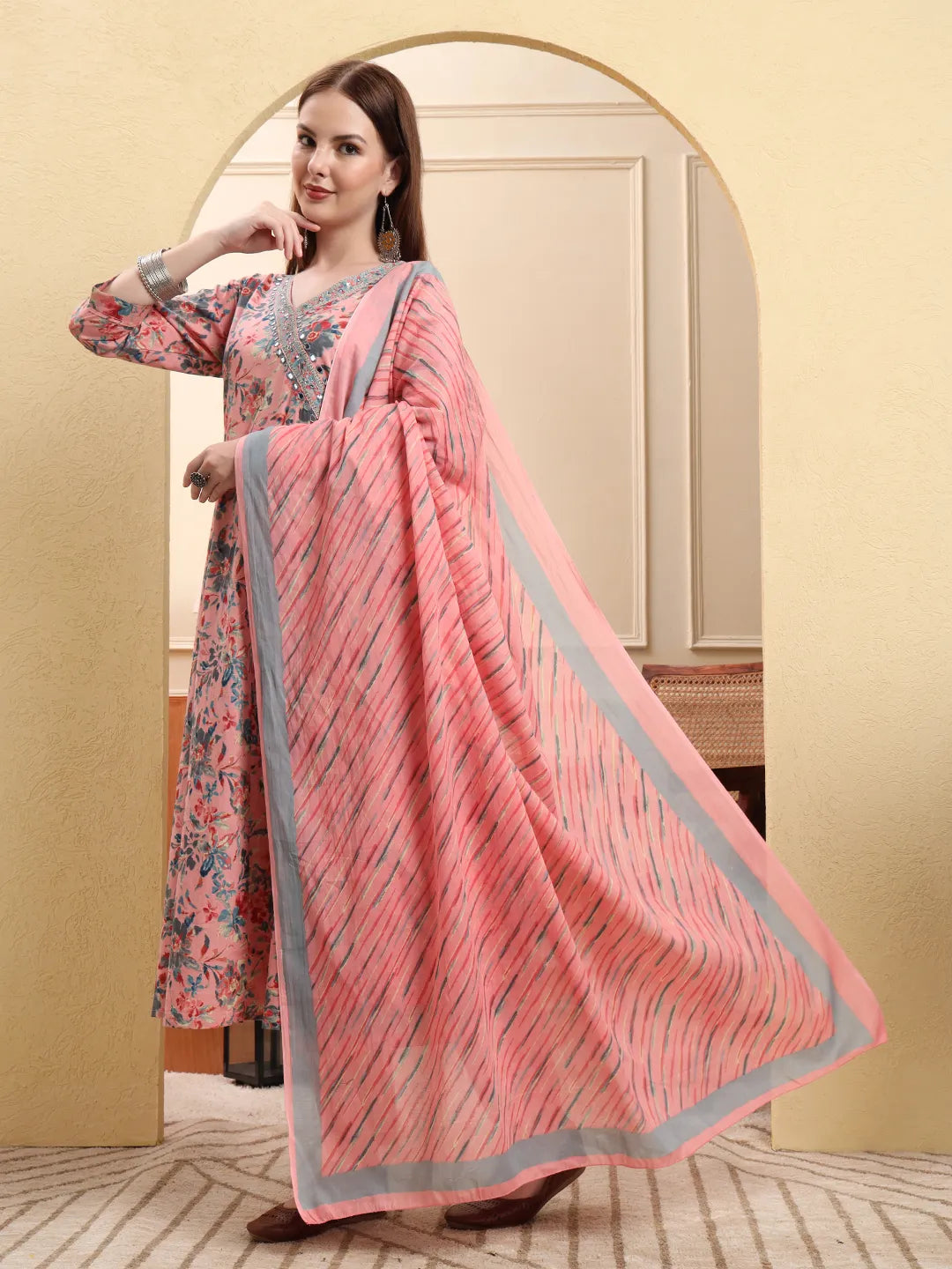 Light Pink Pure Cotton Thread Work Anarkali Kurta Trouser Dupatta Set