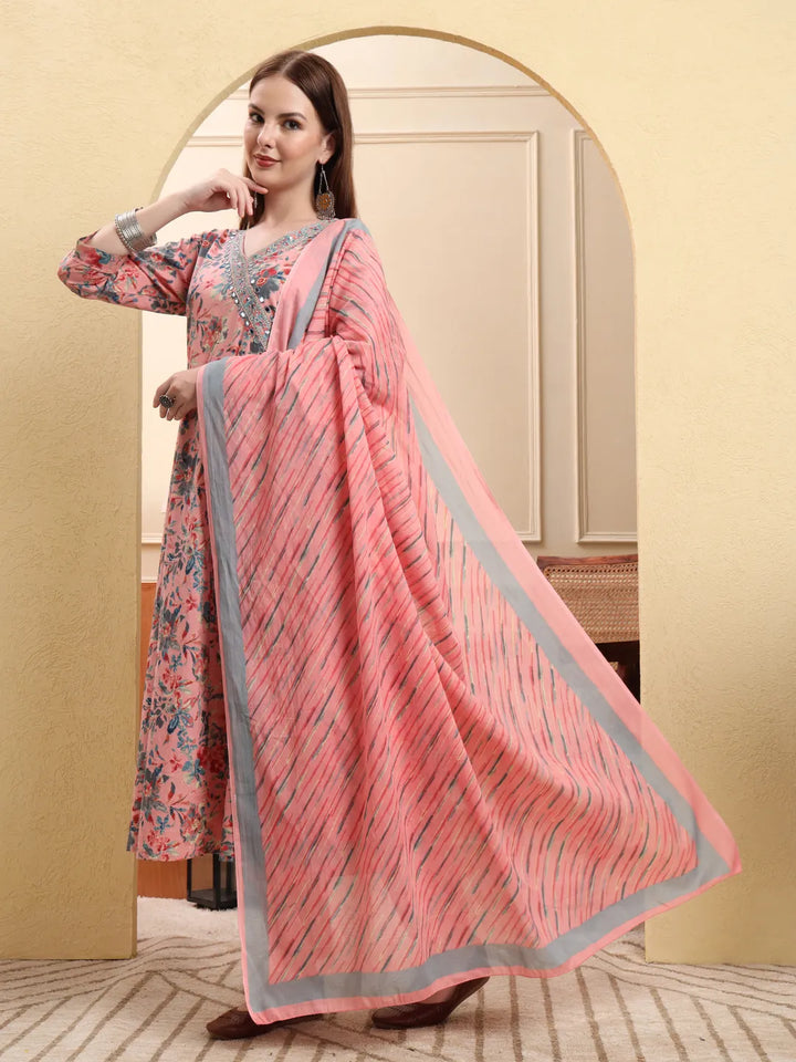Light Pink Pure Cotton Thread Work Anarkali Kurta Trouser Dupatta Set