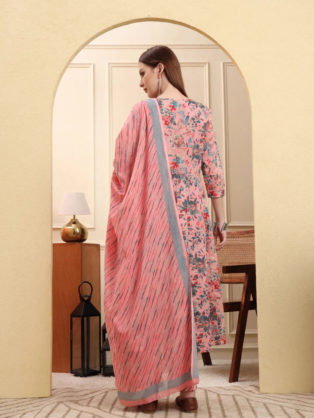 Light Pink Pure Cotton Thread Work Anarkali Kurta Trouser Dupatta Set