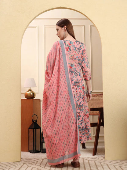 Light Pink Pure Cotton Thread Work Anarkali Kurta Trouser Dupatta Set