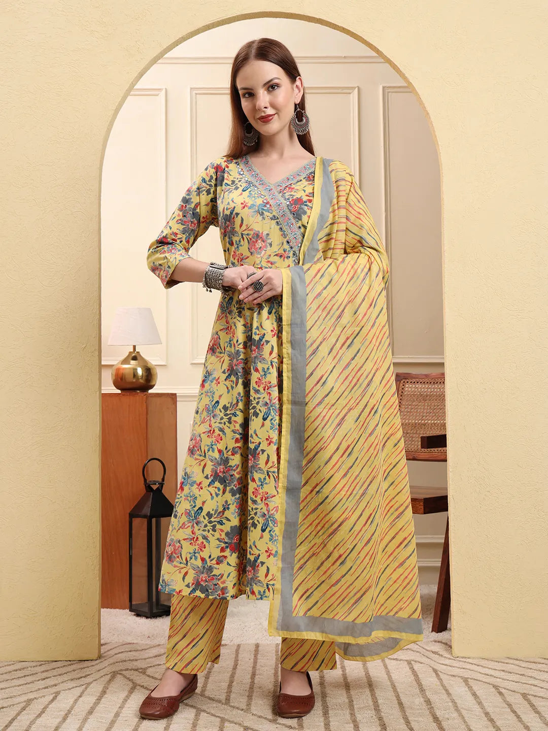 Yellow Pure Cotton Thread Work Anarkali Kurta Trouser Dupatta Set