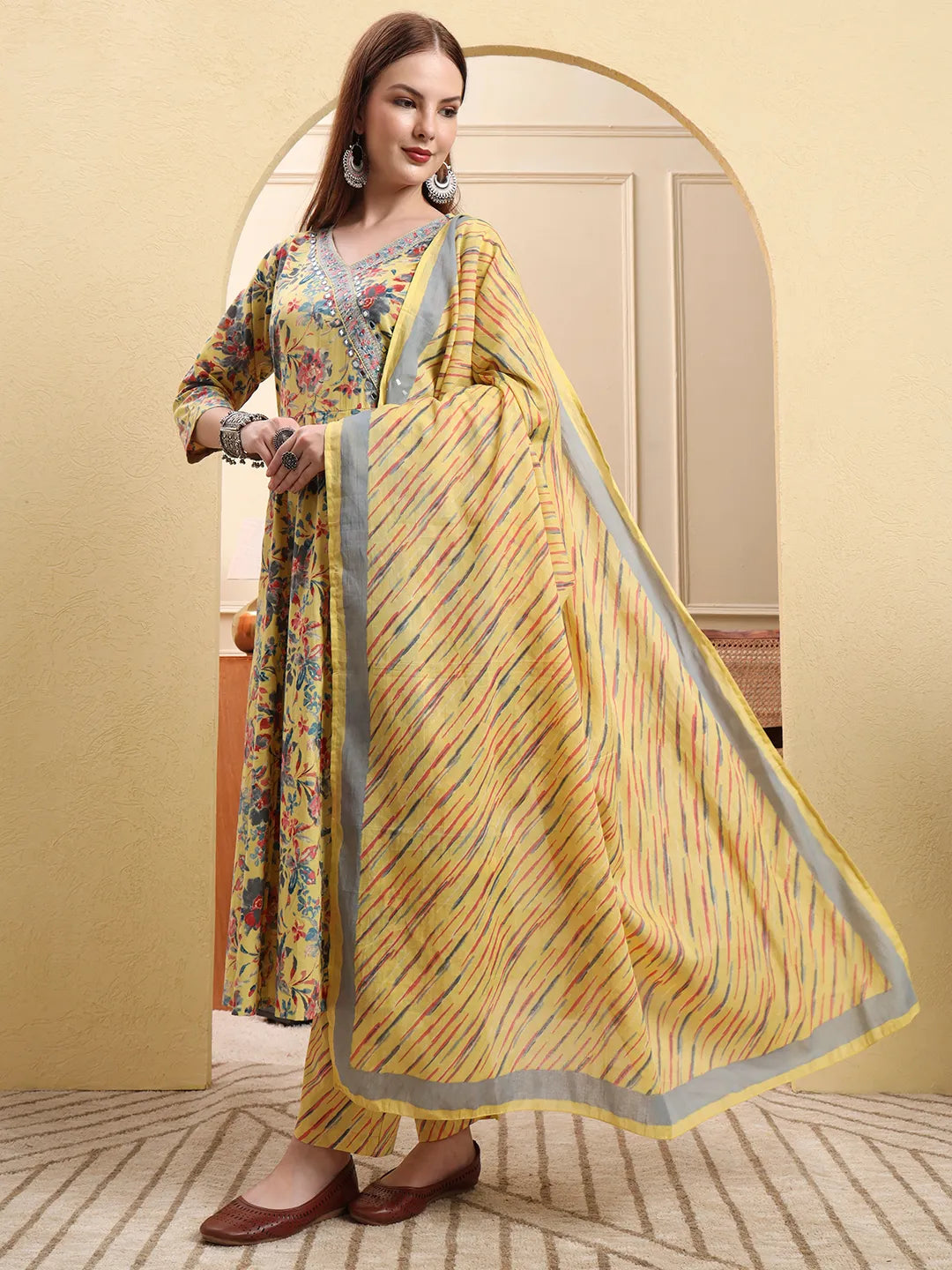 Yellow Pure Cotton Thread Work Anarkali Kurta Trouser Dupatta Set