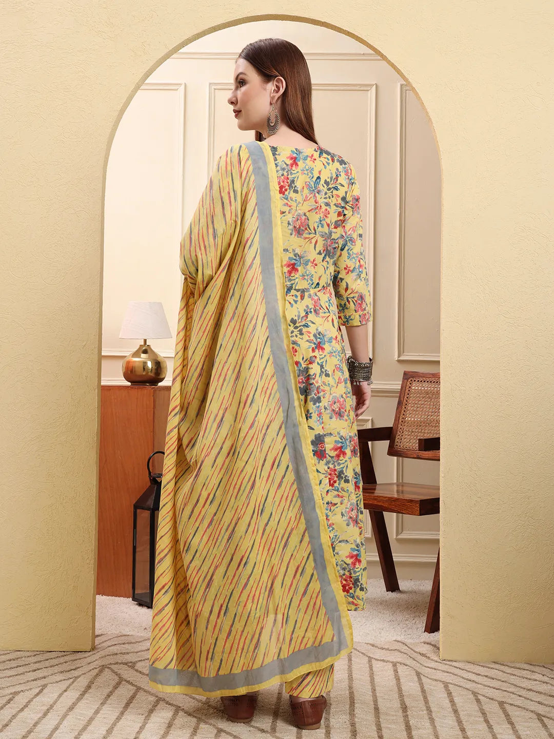 Yellow Pure Cotton Thread Work Anarkali Kurta Trouser Dupatta Set