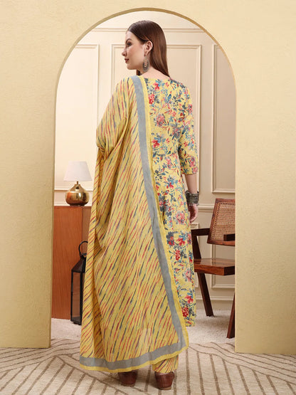 Yellow Pure Cotton Thread Work Anarkali Kurta Trouser Dupatta Set
