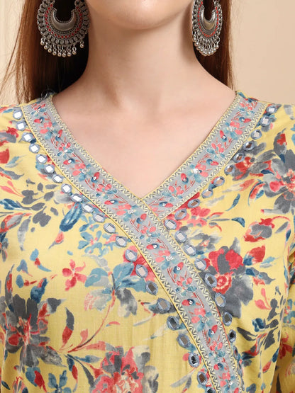 Yellow Pure Cotton Thread Work Anarkali Kurta Trouser Dupatta Set