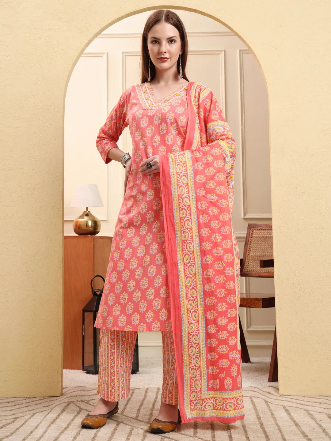 Pink Pure Cotton Beads And Stones Straight Kurta Trouser Dupatta Set