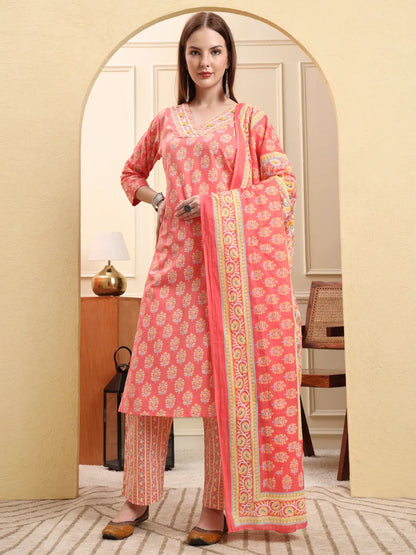 Pink Pure Cotton Beads And Stones Straight Kurta Trouser Dupatta Set