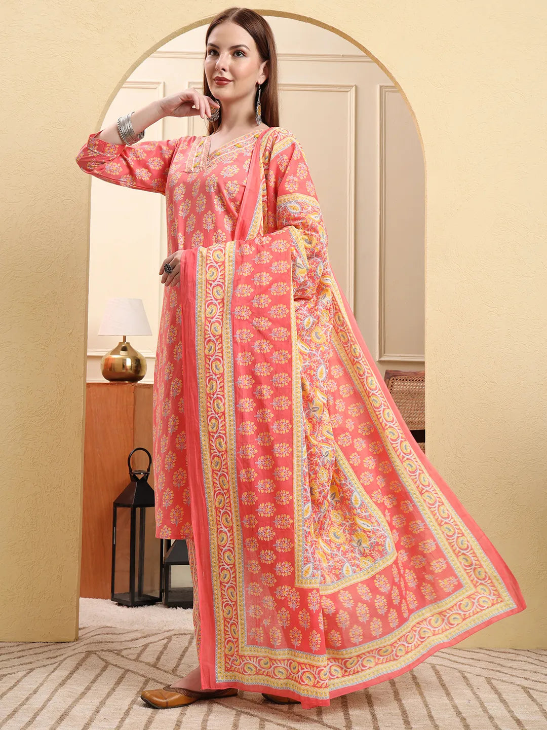 Pink Pure Cotton Beads And Stones Straight Kurta Trouser Dupatta Set