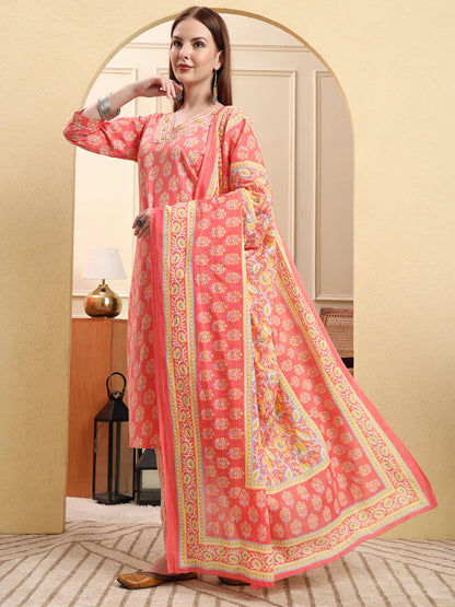 Pink Pure Cotton Beads And Stones Straight Kurta Trouser Dupatta Set