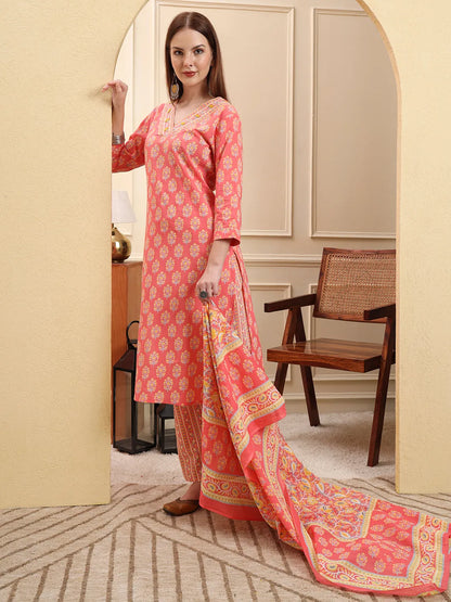 Pink Pure Cotton Beads And Stones Straight Kurta Trouser Dupatta Set