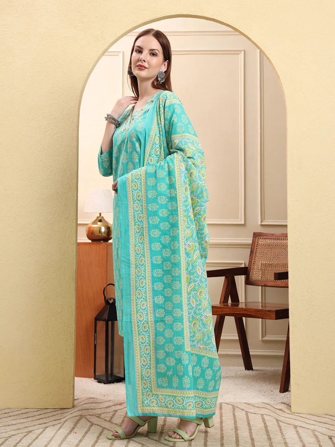 Sea Green Pure Cotton Beads And Stones Straight Kurta Trouser Dupatta Set