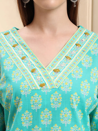 Sea Green Pure Cotton Beads And Stones Straight Kurta Trouser Dupatta Set