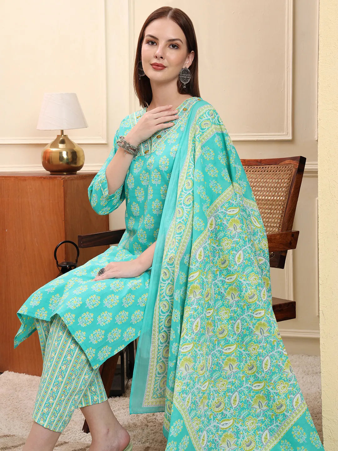 Sea Green Pure Cotton Beads And Stones Straight Kurta Trouser Dupatta Set