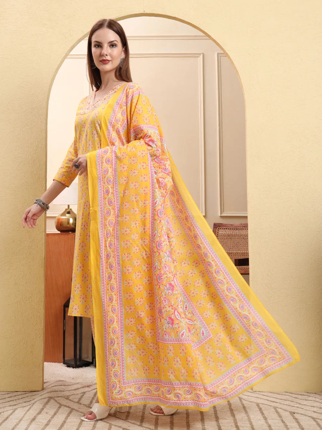 Yellow Pure Cotton Beads And Stones Straight Kurta Trouser Dupatta Set