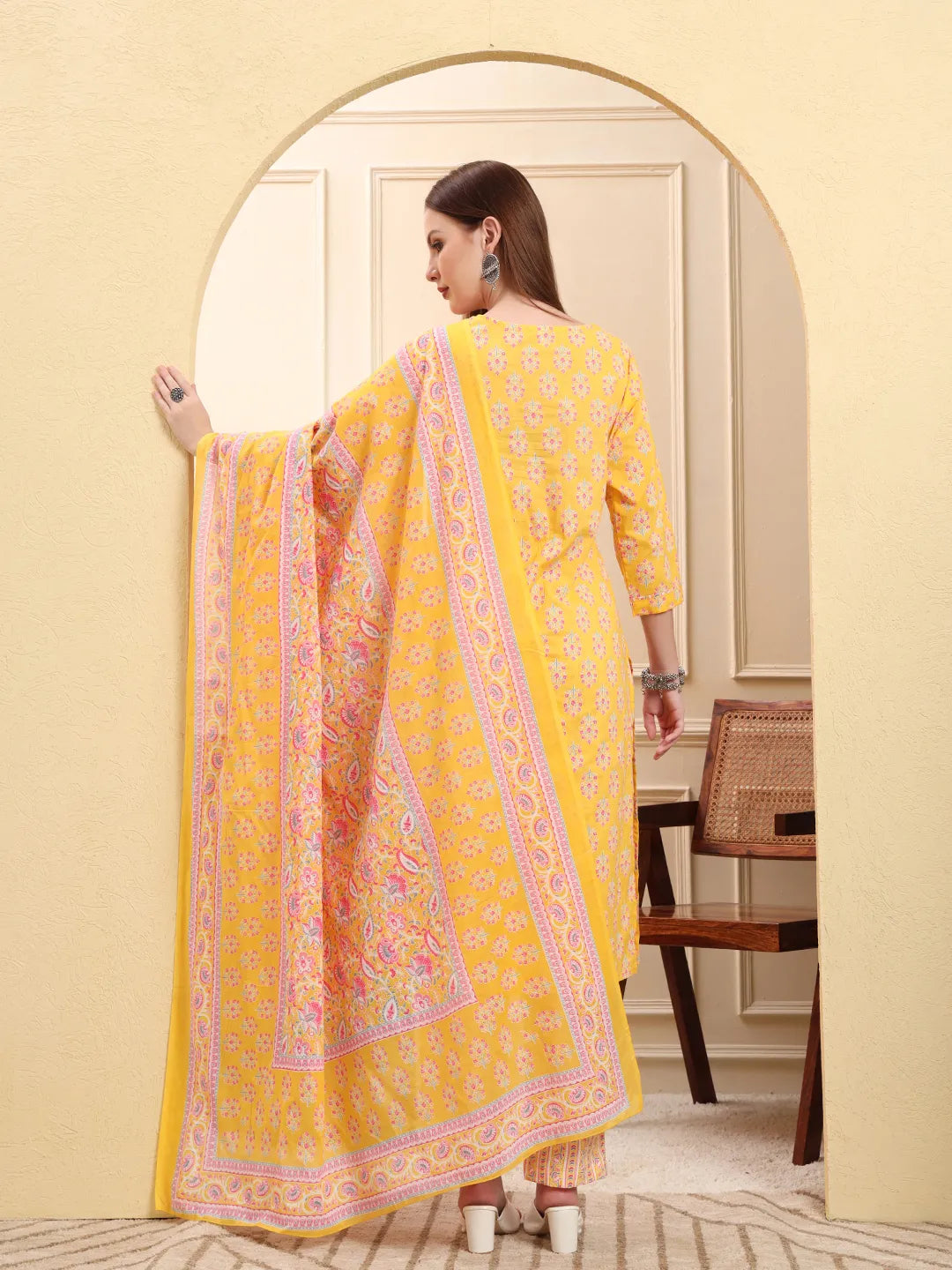 Yellow Pure Cotton Beads And Stones Straight Kurta Trouser Dupatta Set