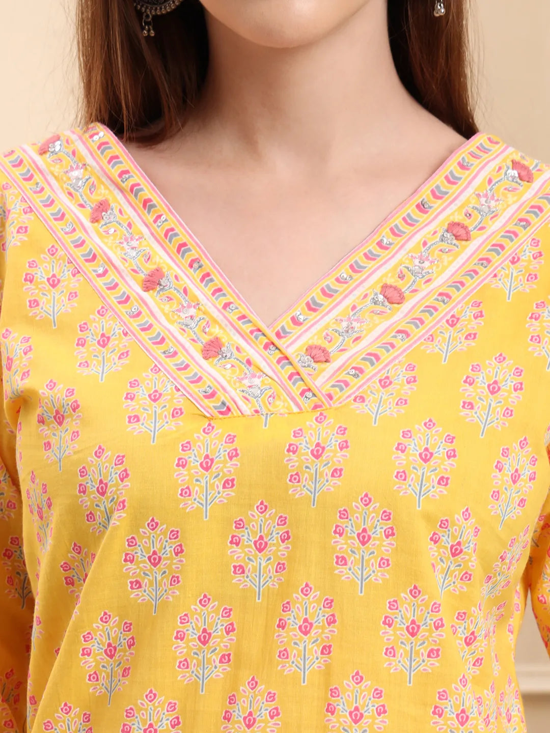 Yellow Pure Cotton Beads And Stones Straight Kurta Trouser Dupatta Set