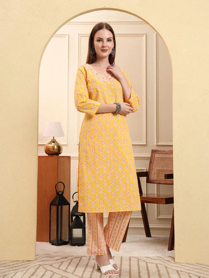 Yellow Pure Cotton Beads And Stones Straight Kurta Trouser Dupatta Set