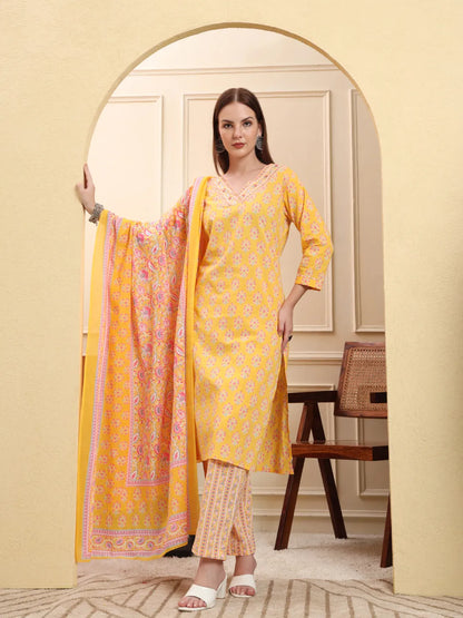 Yellow Pure Cotton Beads And Stones Straight Kurta Trouser Dupatta Set