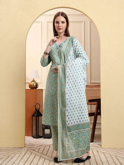 Sea Green Pure Cotton Floral Sequins-Work Straight Kurta Trouser Dupatta Set